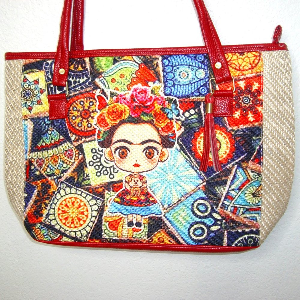 NWOT FRIDA KAHLO Cartoon Collection Woven Textile Red Trim Purse Tote Bag